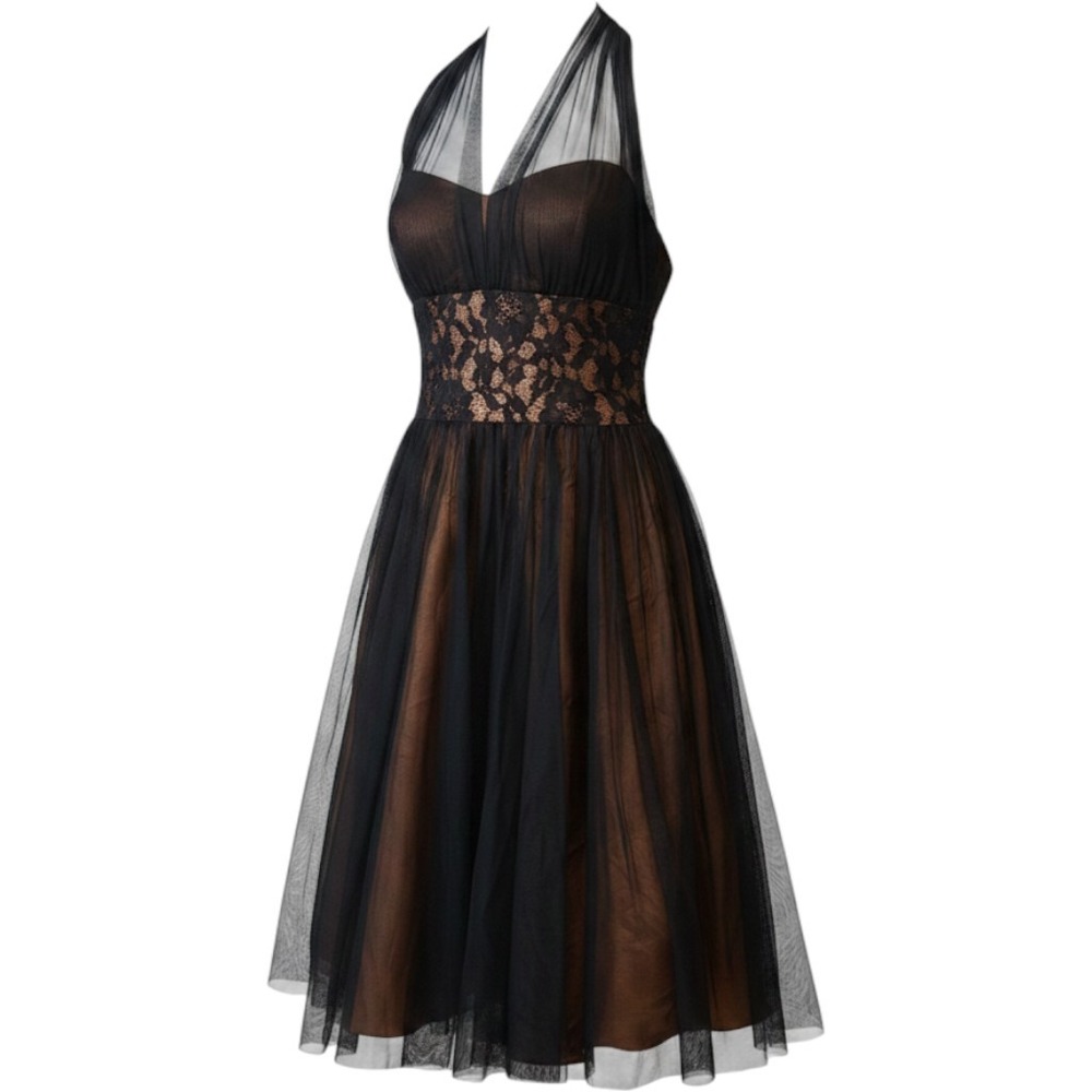 VTG Y2K Betsy & Adam Womens Dress 12 Black Bronze Halter Lace Mesh Prom Cocktail